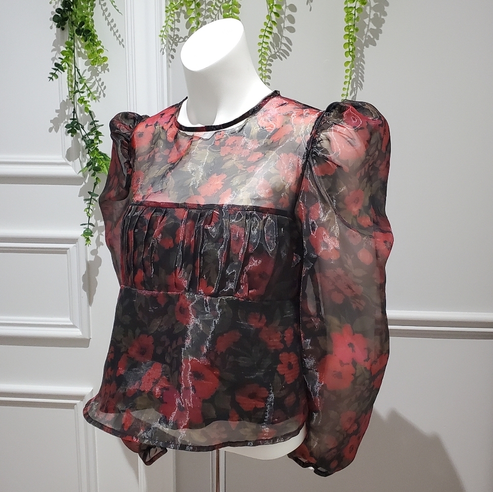 Floral Organza Puff Sleeve Babydoll Top - Picture 2 of 15
